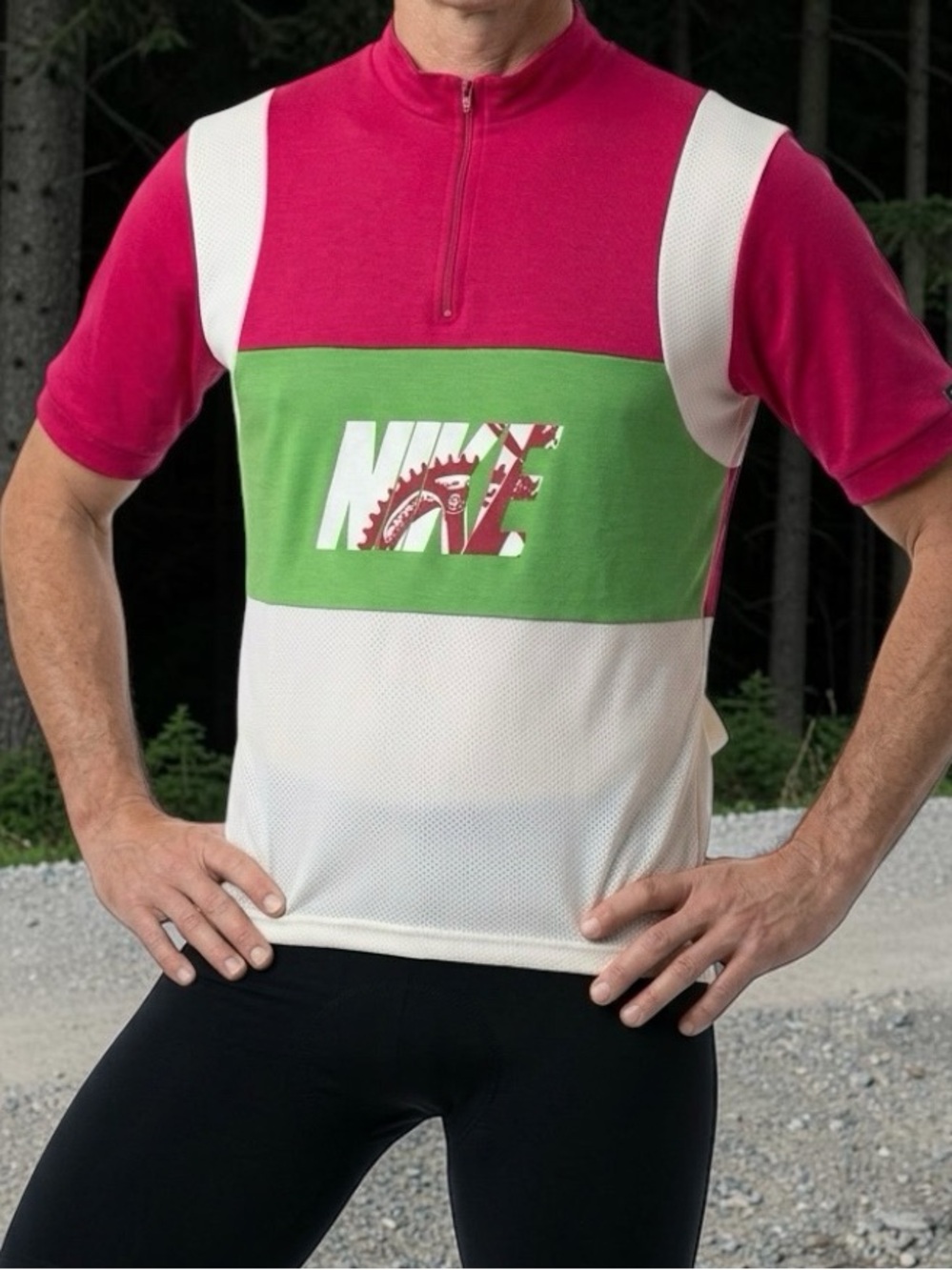 Vintage Nike Pink, Green & White Colorblock Cycling Road Biker Bike Jersey Shirt